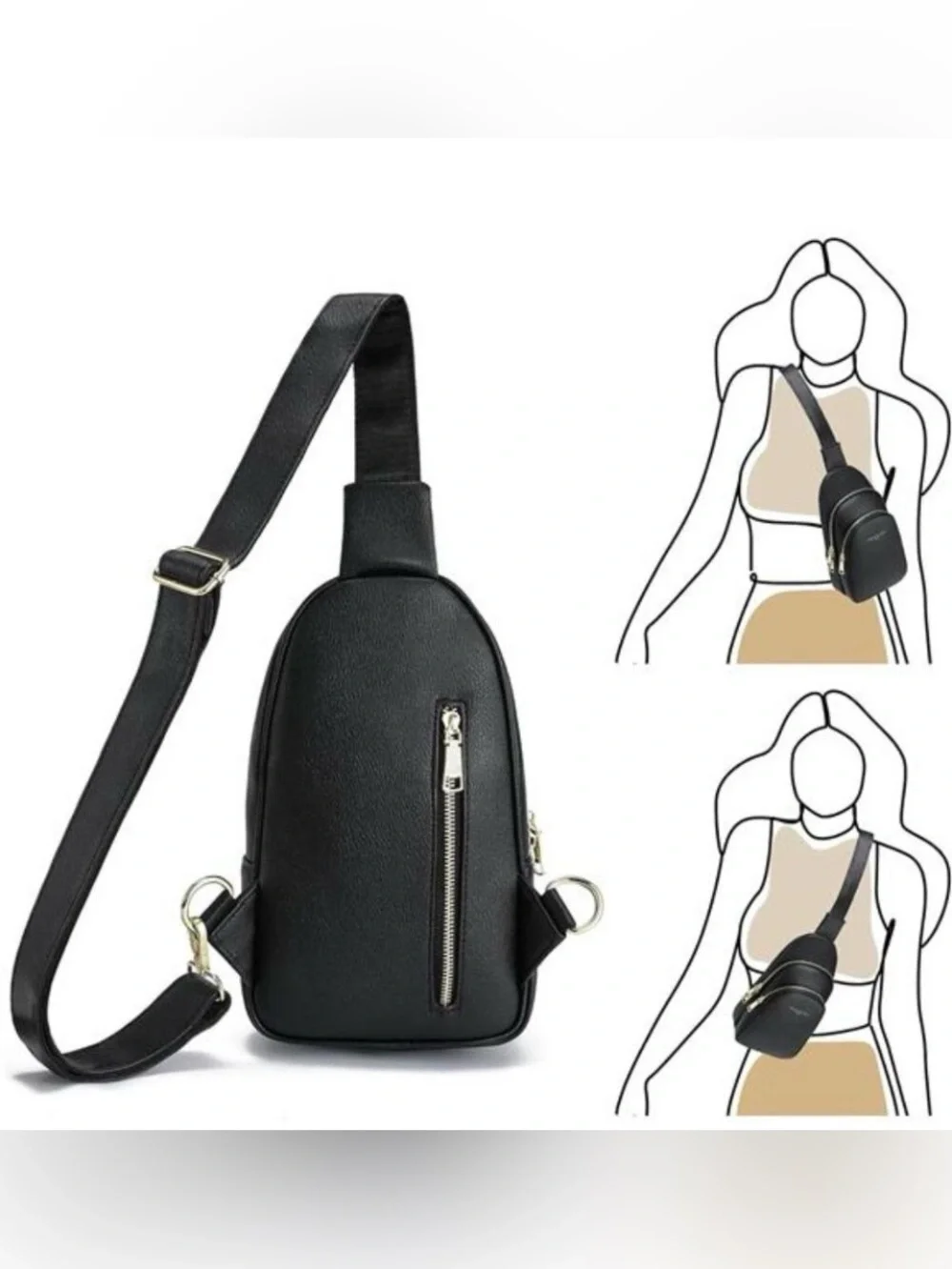 INICAT Black Pebbled Vegan Leather Sling Bag Gold-tone Zippers, EUC